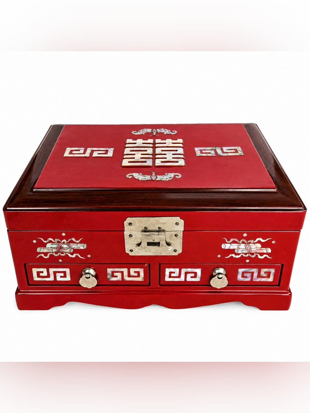 Vintage Korean Red Lacquer Jewelry Box Double Happiness 2 Drawers